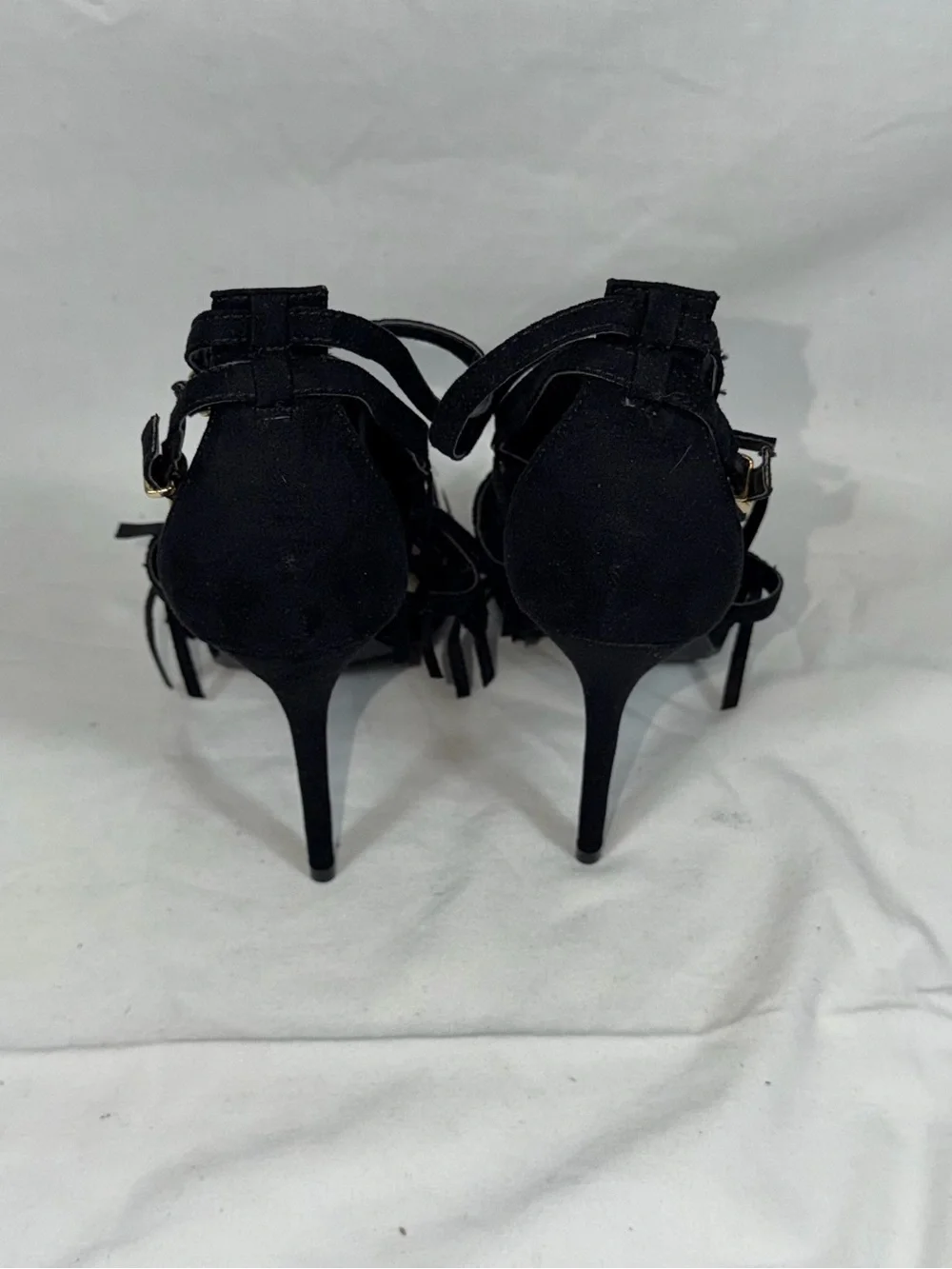 Wild Diva Lounge NWOT Black Fringe Heels Strappy Stiletto Caged Sandals Size 8